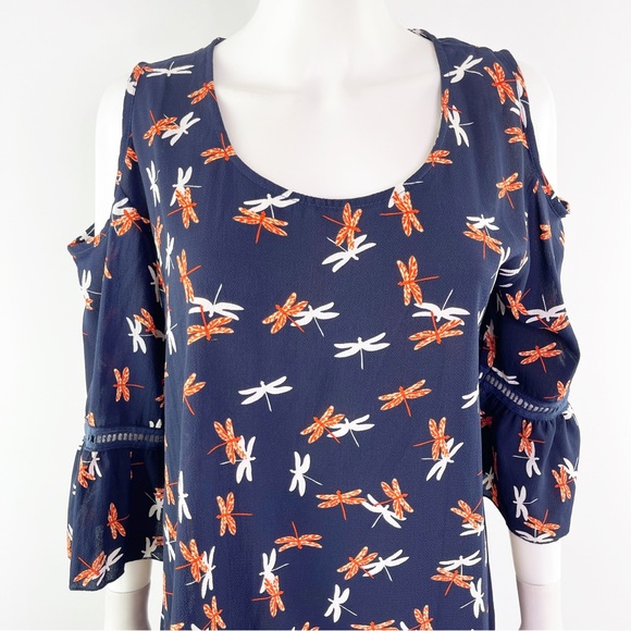 Yak & Yeti Women's Navy Blue Cold Shoulder Tunic Dress DRAGONFLY Print Size L - Picture 3 of 11